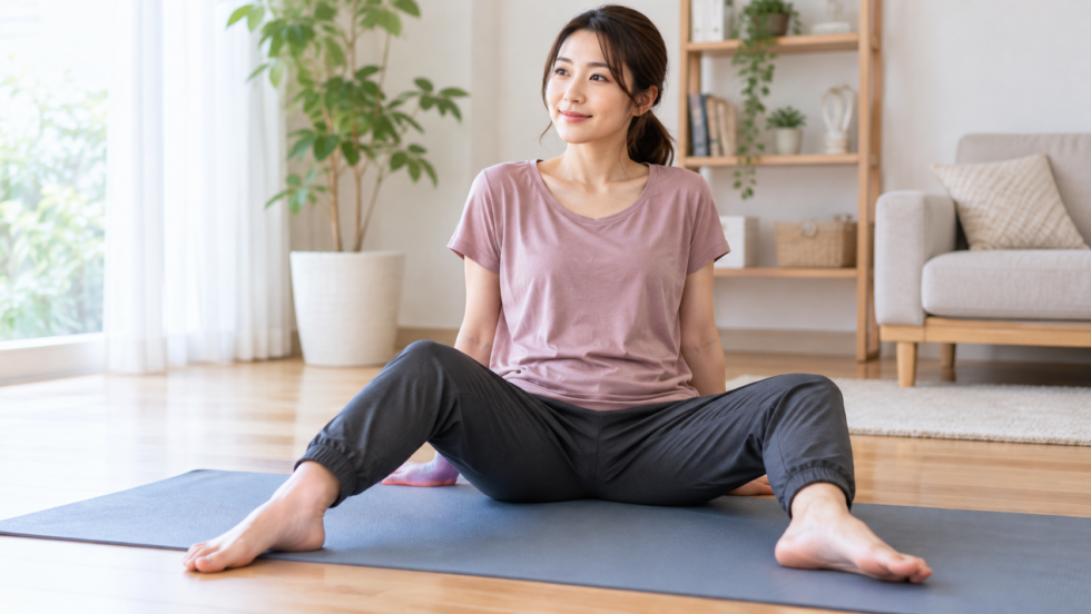 膝を曲げて無理のない範囲で脚を開きマットに座る女性の説明用イメージ