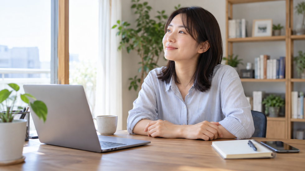 机に前腕を置いて休憩する女性の説明用イメージ