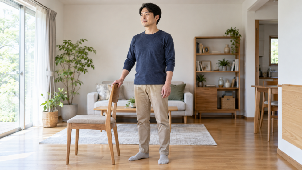 椅子の背に軽く手を添えて自然に立つ男性のAI生成イメージ