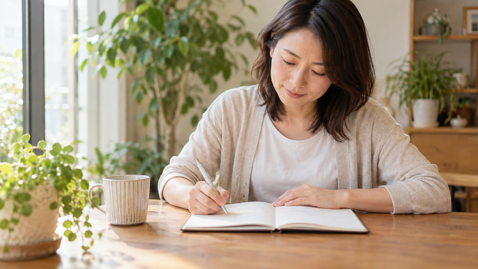関節の不調や生活の様子をノートへ記録する女性のAI生成イメージ