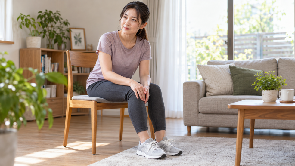 椅子に座り膝に手を添えて状態を振り返る女性のAI生成イメージ