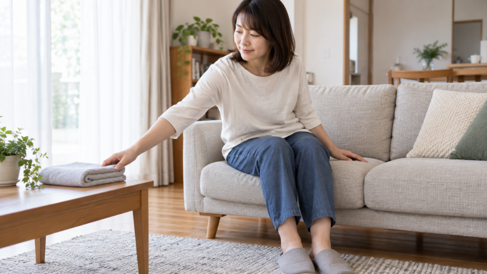 椅子に座って横のタオルへ手を伸ばす女性の説明用イメージ