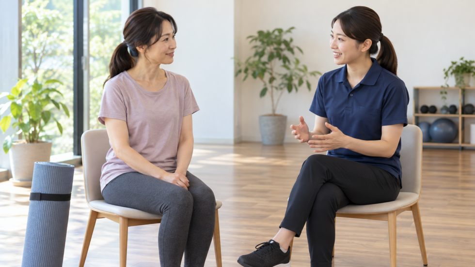 運動について担当者に相談する女性の説明用イメージ