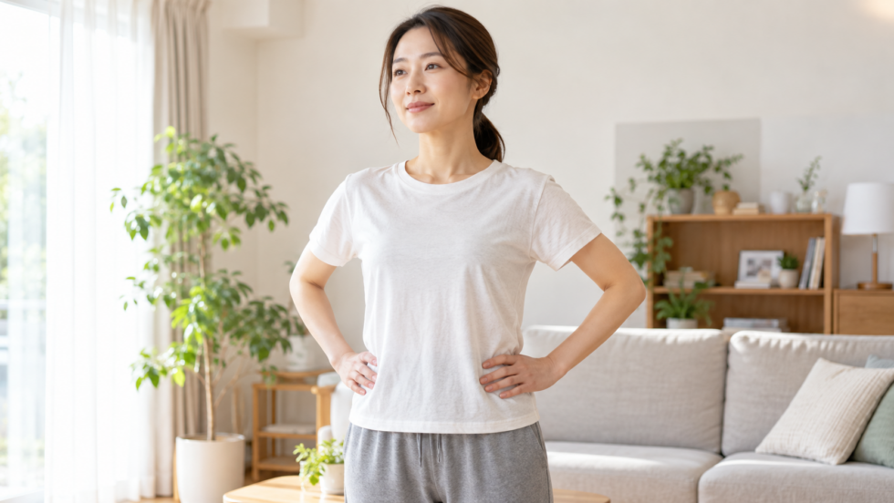 服の上から腰の両側に手を添えて立つ女性の説明用イメージ