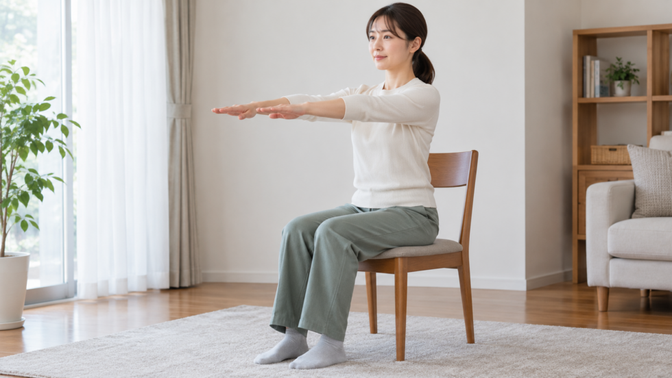 椅子に座って腕を前へゆっくり伸ばす説明用イメージ