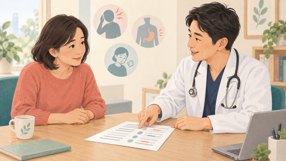 検査結果の資料を見ながら症状について医師と相談する場面の説明用イラスト