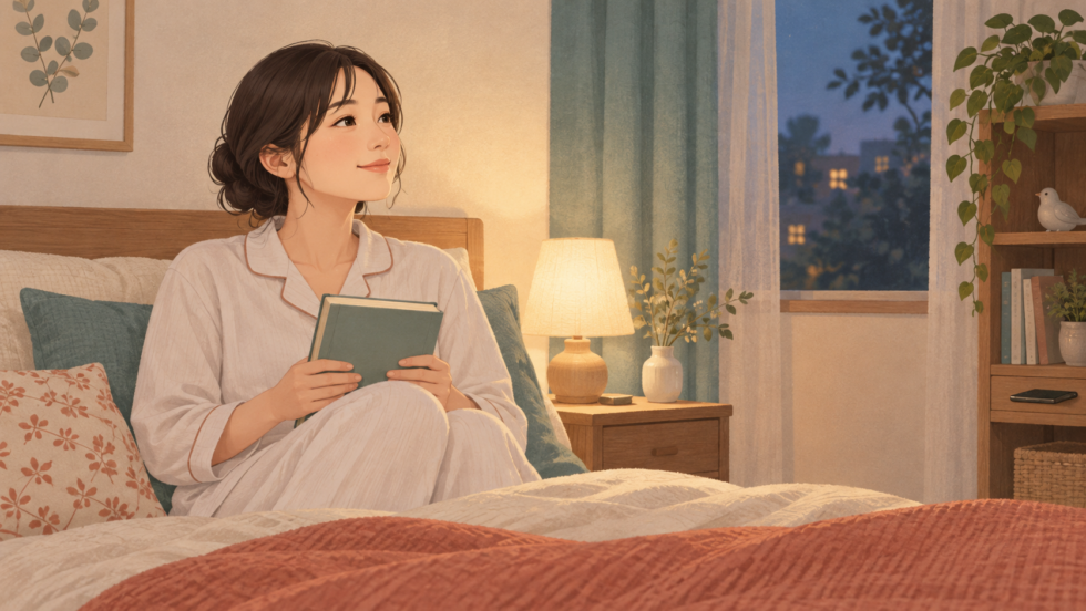 就寝前に本を閉じ、落ち着いた寝室で過ごす女性の説明用イラスト