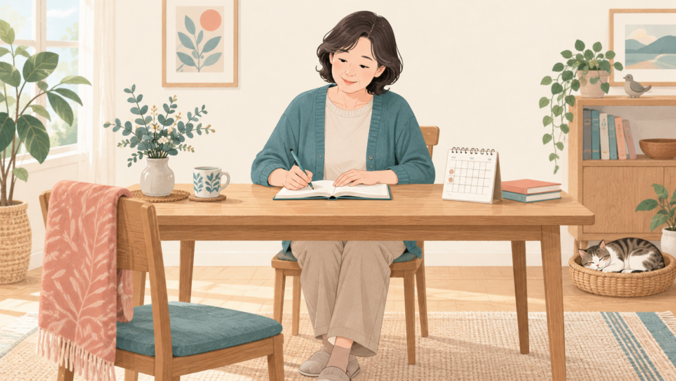 自宅のテーブルで体調の経過をノートに記録する女性の説明用イラスト