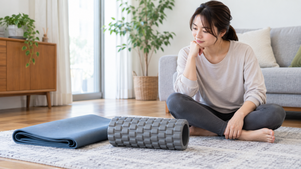 ローラーを使う前に方法を考える女性の説明用イメージ