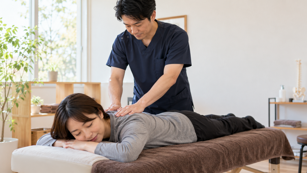 衣服の上から背中へ手を添える施術の説明用イメージ