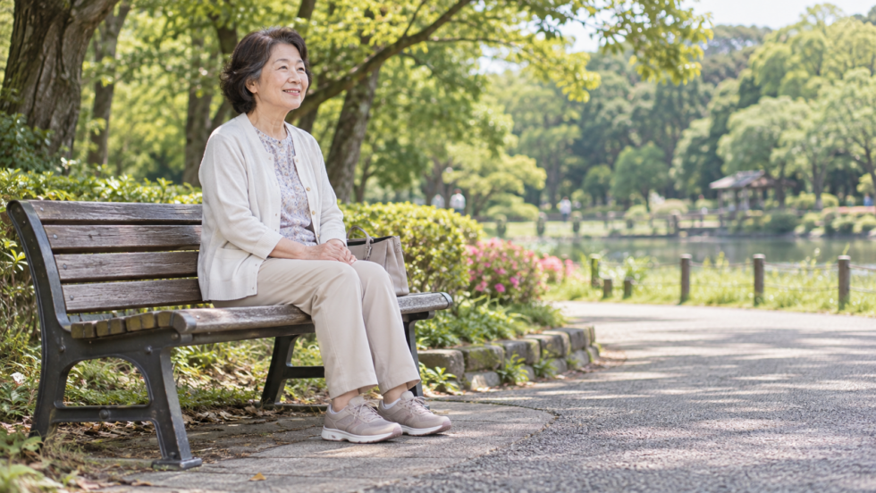 公園のベンチに座って休憩する女性の説明用イメージ