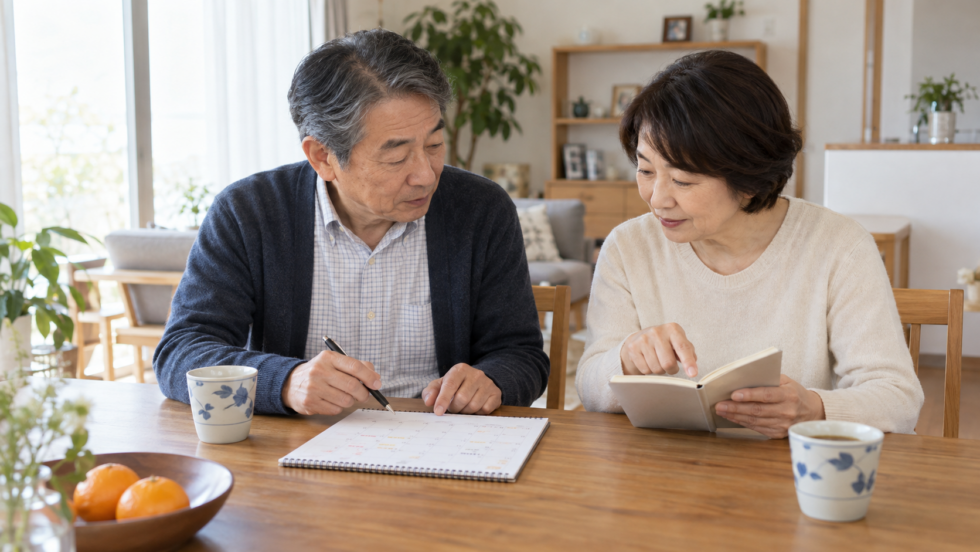 家族で受診予定や生活の準備を話し合う説明用イメージ