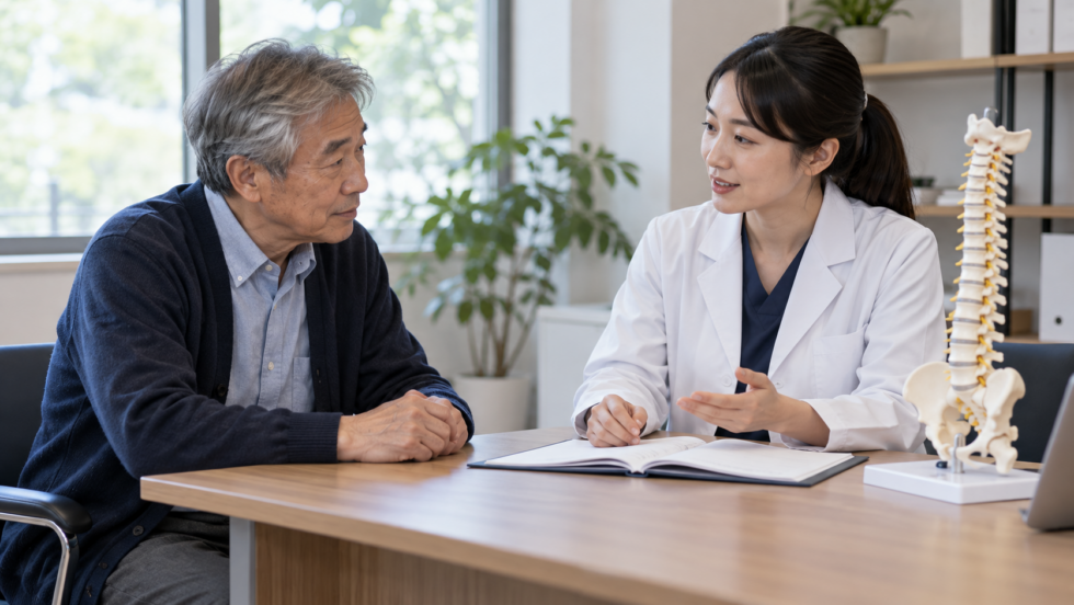 腰と脚の症状について医療者と相談する男性の説明用イメージ