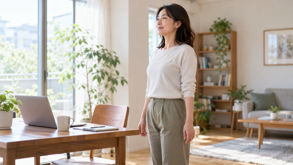 机のそばで立ち上がって休憩する女性の説明用イメージ