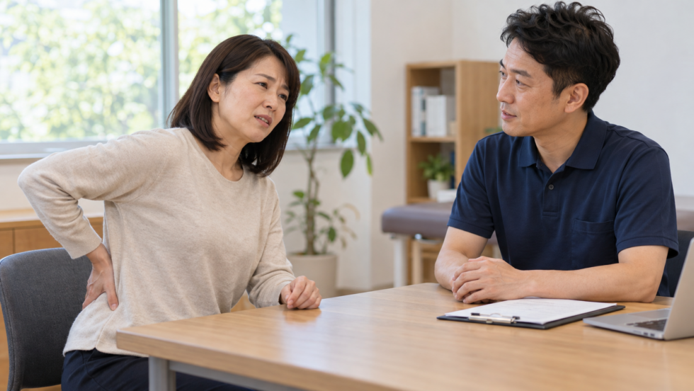 腰の違和感について担当者に相談する女性の説明用イメージ
