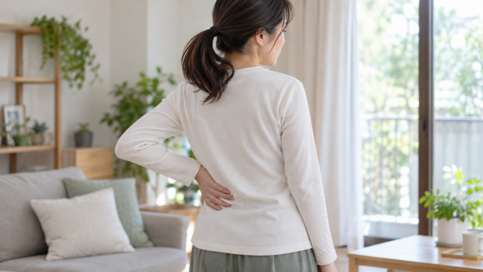 衣服の上から腰の横に手を添える女性の説明用イメージでツボの位置図ではありません