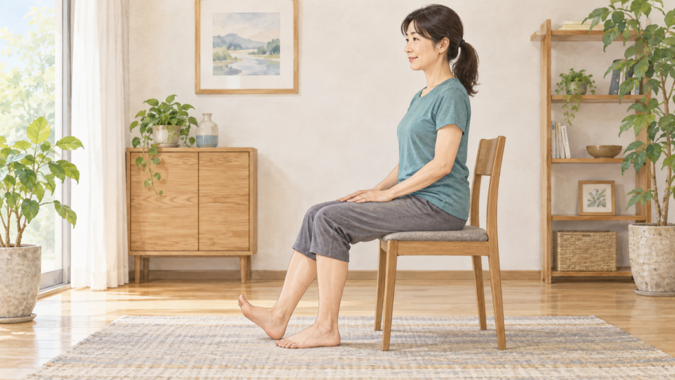 椅子に座って片方の足先を自分のほうへ上げる女性の説明用イラスト