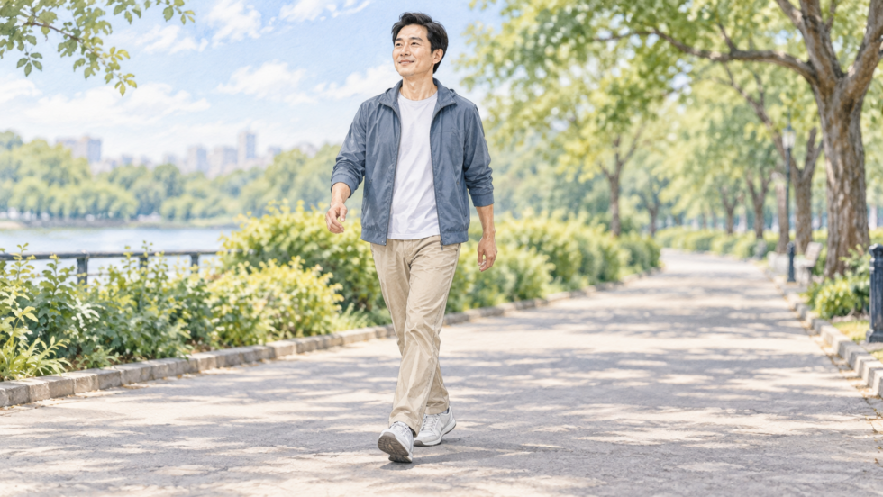平らな公園の道をゆっくり歩く男性の説明用イラスト