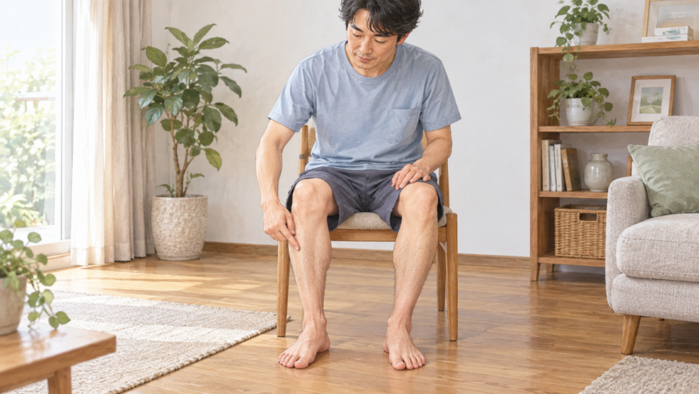 椅子に座ってすねの前側の位置を示す男性の説明用イラスト