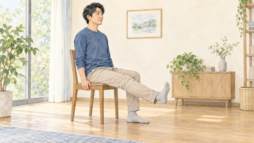 椅子で片脚を前へ伸ばし、足先を自分のほうへ向ける男性の説明用イラスト