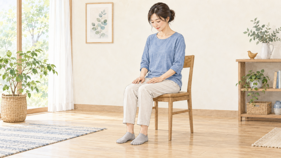 安定した椅子に座り、足首を動かす準備をしている女性の説明用イラスト