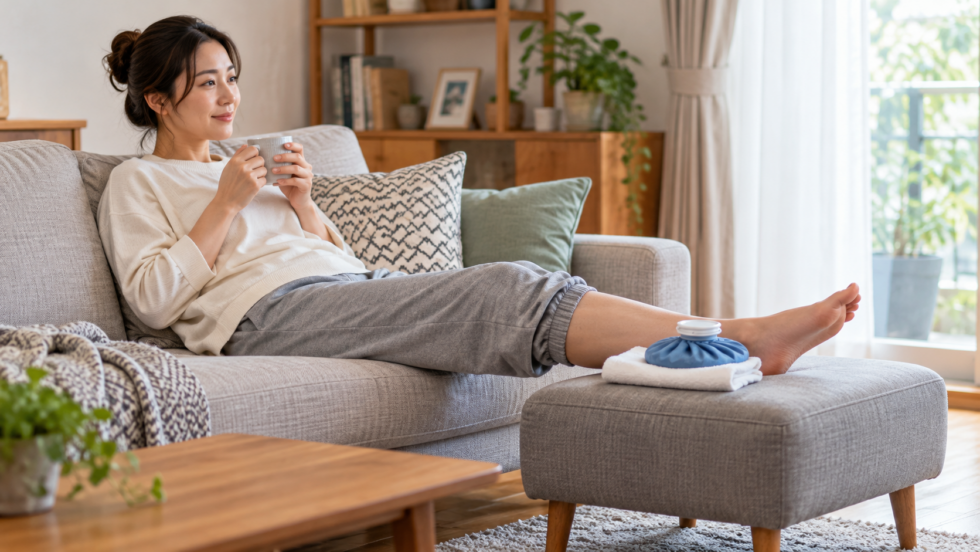 自宅で脚を支えて休む女性の説明用AI生成画像