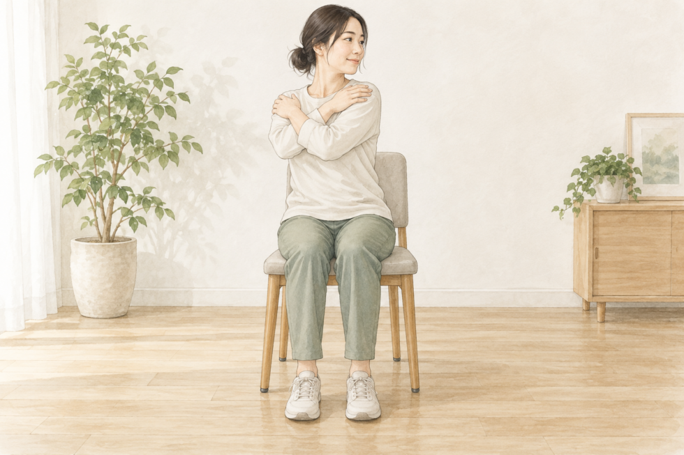両足を床に着け、腕を胸の前で交差して穏やかに上体を回す女性の説明用イラスト