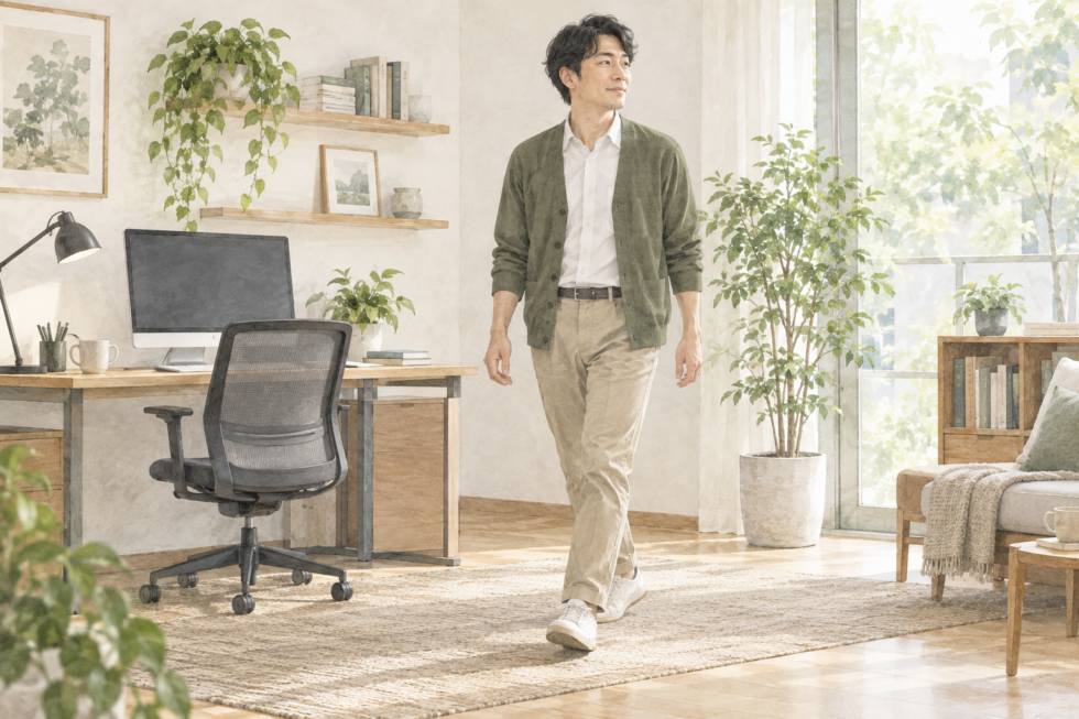 仕事の合間に机から離れて室内を歩く男性の説明用イラスト