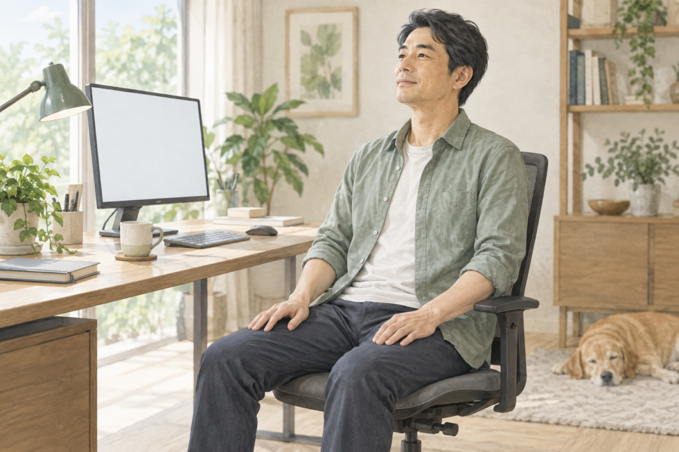 机での作業を中断し、椅子に座って肩の力を抜く男性の説明用イラスト