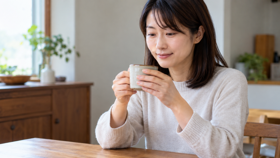 両手でカップを支える女性の説明用イメージ