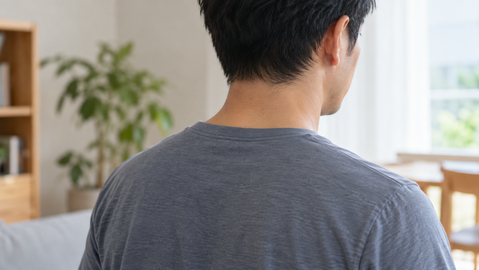 首の後ろから肩にかけての外観を示す衣服を着た男性のAI生成イメージ