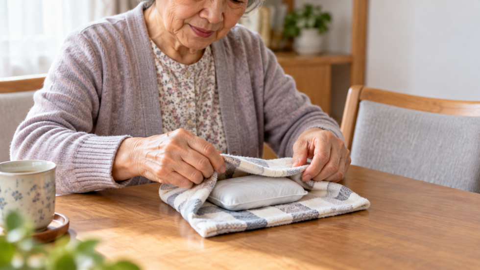 温熱用品をタオルで包む準備をする手元の説明用イメージ