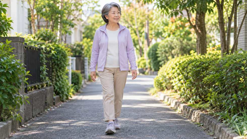 歩きやすい靴で近所を散歩する女性の説明用イメージ