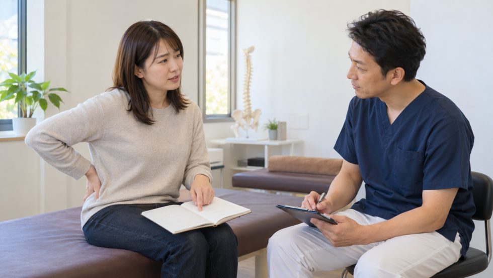 施術後の変化をノートで担当者に伝える説明用イメージ
