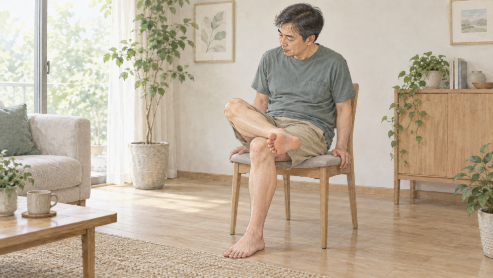 安定した椅子に座り、足裏の皮膚を目で確認する男性の説明用イラスト