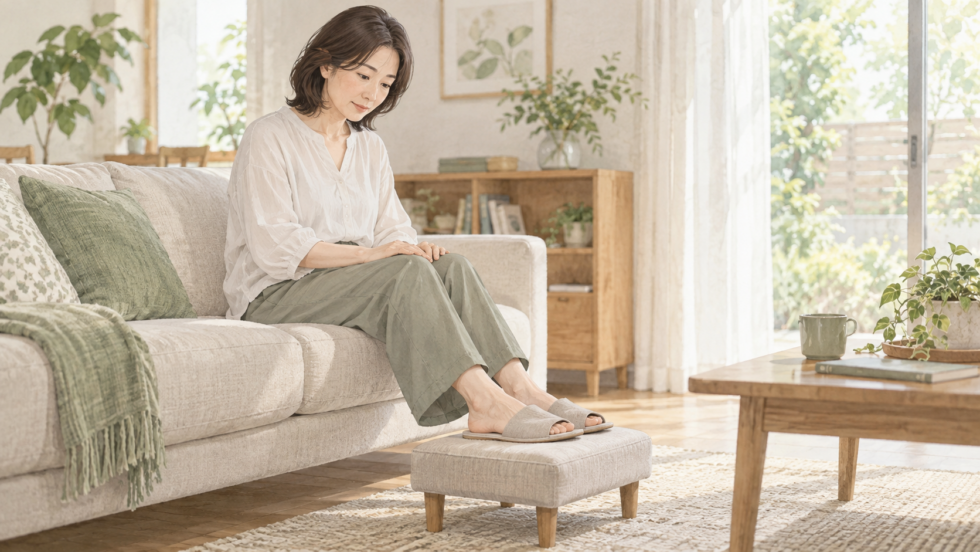締め付けの少ない室内履きで足を休め、状態を振り返る女性の説明用イラスト