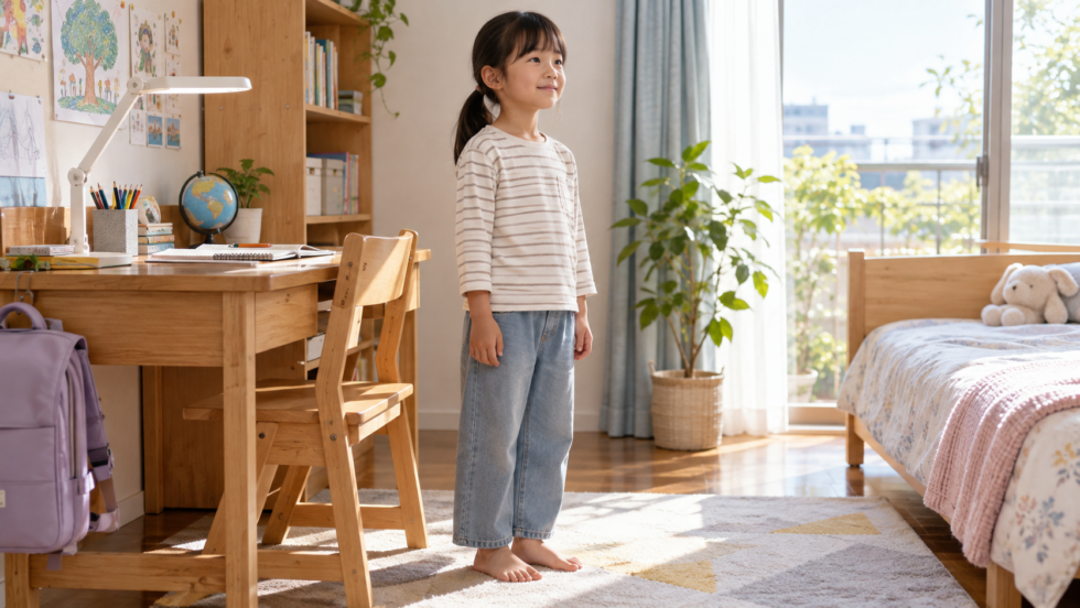 勉強机の横で立って休憩する子どもの説明用イメージ