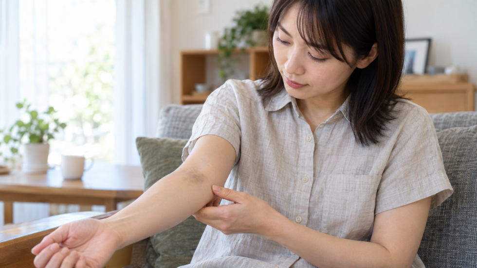 採血後の肘の内側にできた薄いあざを確認する女性のAI生成イメージ
