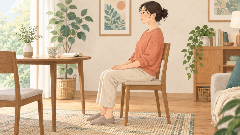 安定した椅子に座り、両足を床に着けている女性の説明用イラスト