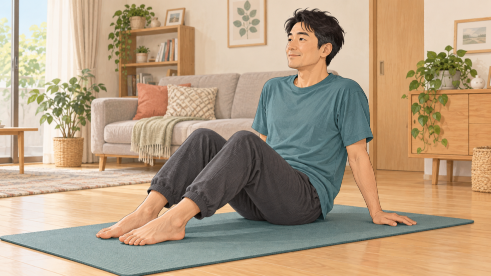 膝を曲げて床のマットに座り、手で体を支えている男性の説明用イラスト