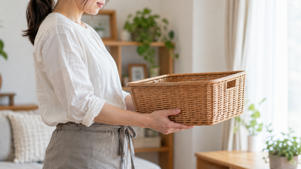 軽いかごを両手で下から支えて持つ女性の説明用イメージ