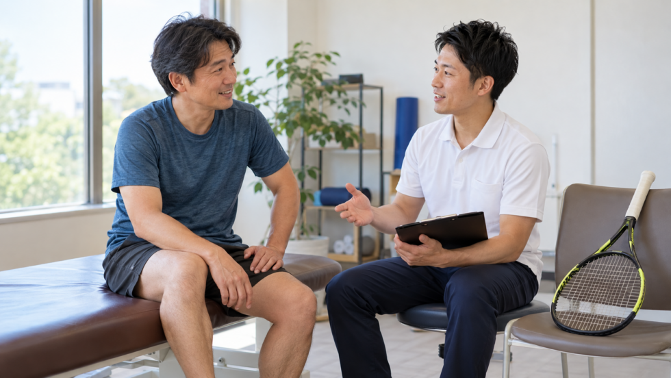 ラケットをそばに置き、運動への復帰について相談する男性の説明用イメージ