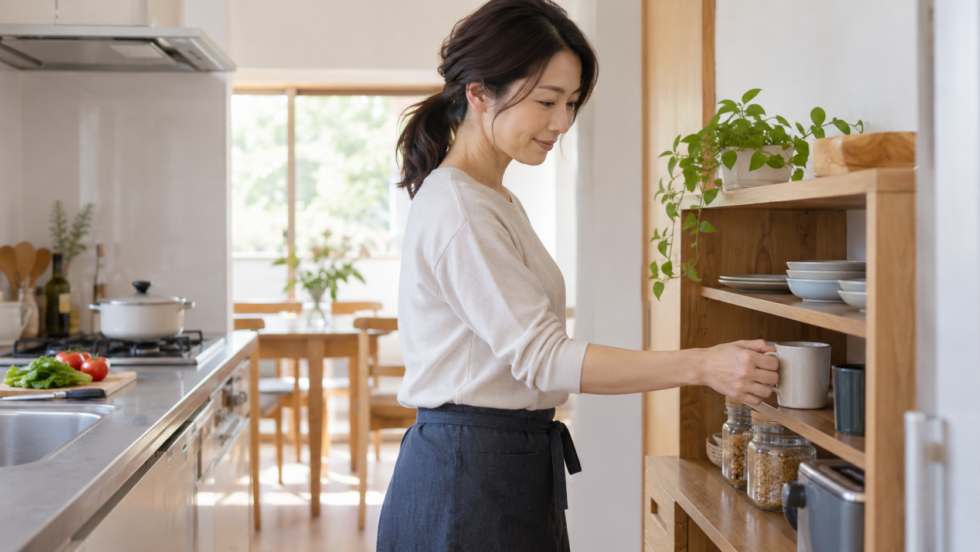 高く腕を上げずに棚のカップを扱う女性の説明用イメージ