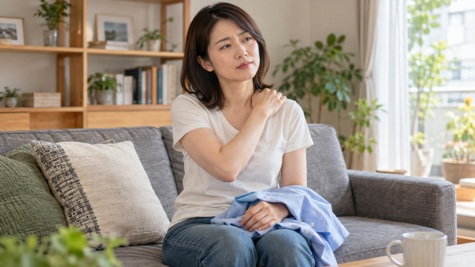 着替えの途中で肩に手を添える30代の女性の説明用イメージ