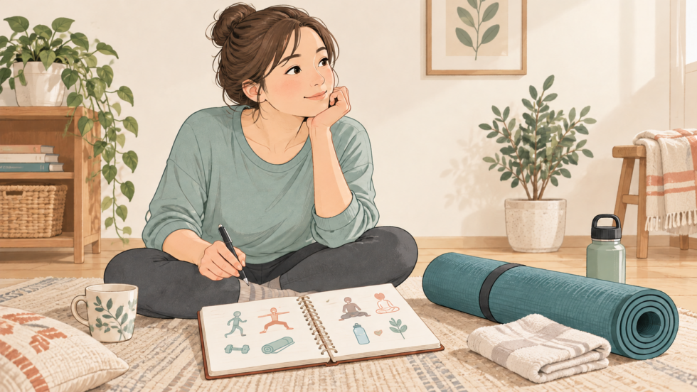 運動の方法と回数をノートで考える女性のイラスト