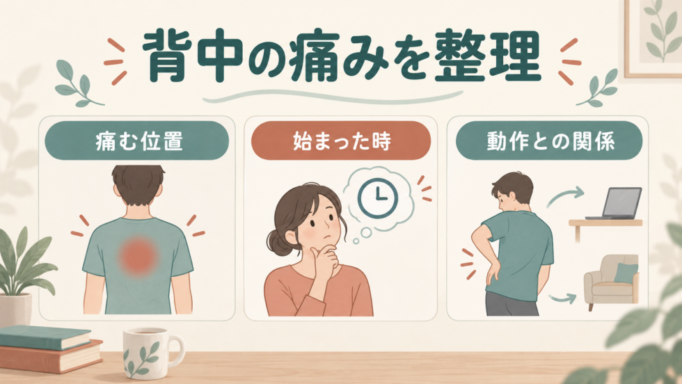 背中の痛む位置、始まった時、動作との関係を整理する図