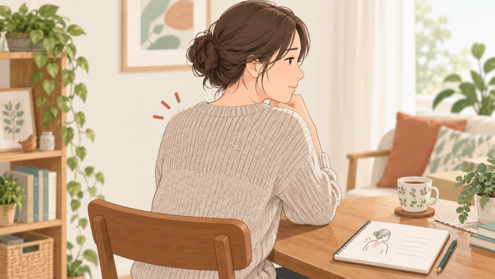 背中の症状を振り返る女性のイラスト