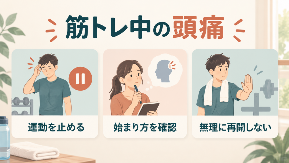 筋トレ中の頭痛では運動を止め、始まり方を確認し、無理に再開しないと示す図