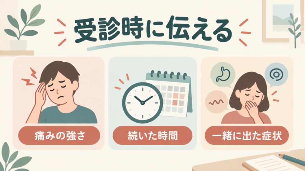 頭痛の強さ、続いた時間、一緒に出た症状を受診時に伝える図