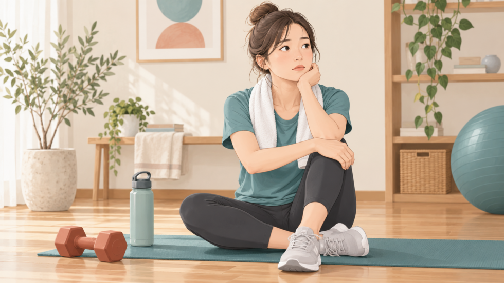 筋トレを中断して休む女性のイラスト